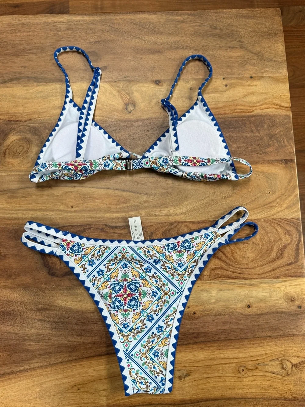 Blue & White Printed Triangle Bikini Set